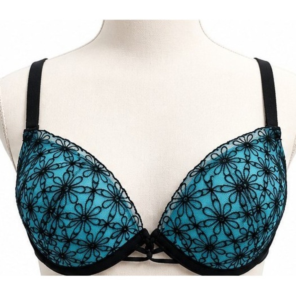 Vintage Vassarette 34D Turquoise Black Floral Underwire Bra 75-299